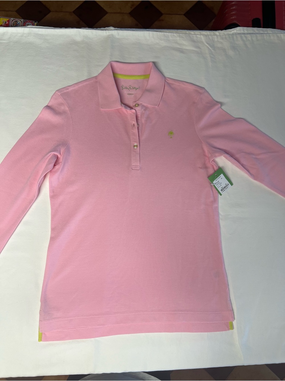 Lilly Pulitzer Pink Long-Sleeve Polo with Lime Accent